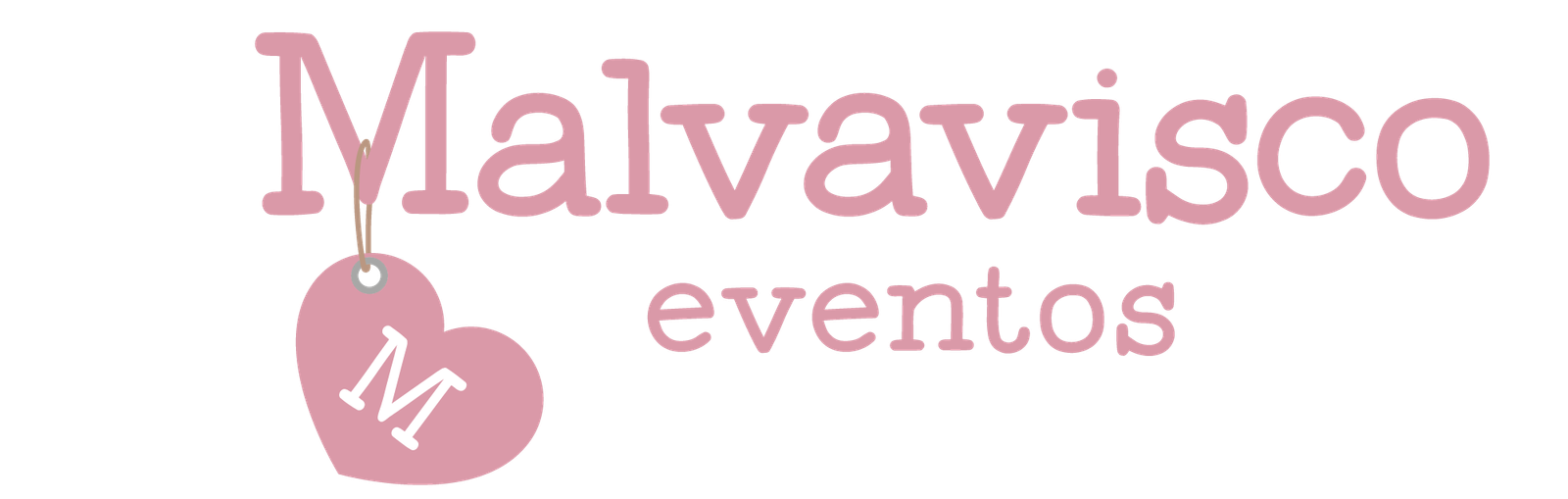 Logo Malvavisco Eventos color rosa empolvado, con fuente maquina de escribir y etiqueta en forma de corazón con una M en el interior y que cuelga de la M de malvavisco.